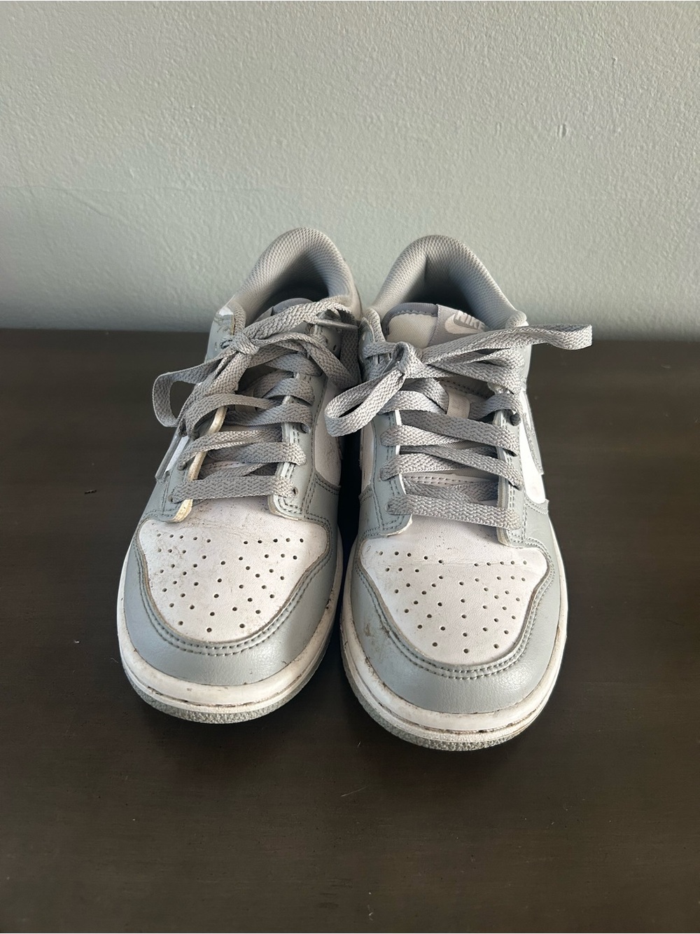 Kids Nike Low Dunks Lace-Up Sneakers in Light Gray and White